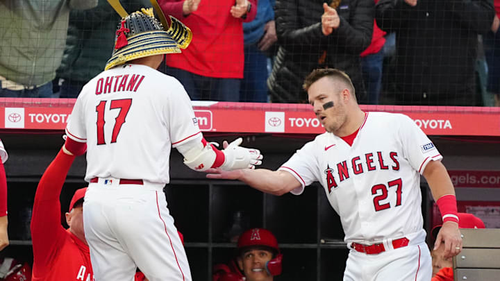 May 24, 2023; Anaheim, California, USA; Los Angeles Angels designated hitter Shohei Ohtani (17) is congratulated by center fielder Mike Trout (27) after hitting a home run against the Boston Red Sox in the second inning at Angel Stadium. Mandatory Credit: Kirby Lee-Imagn Images May 24, 2023; Anaheim, California, USA; Los Angeles Angels designated hitter Shohei Ohtani (17) is congratulated by center fielder Mike Trout (27) after hitting a home run against the Boston Red Sox in the second inning at Angel Stadium. Mandatory Credit: Kirby Lee-Imagn Images