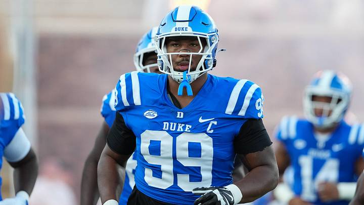 Aug 28, 2025; Durham, North Carolina, USA; Duke Blue Devils defensive tackle Aaron Hall (99) comes out onto the field before the start of the game against the Elon Phoenix at Wallace Wade Stadium. Mandatory Credit: James Guillory-Imagn Images Aug 28, 2025; Durham, North Carolina, USA; Duke Blue Devils defensive tackle Aaron Hall (99) comes out onto the field before the start of the game against the Elon Phoenix at Wallace Wade Stadium. Mandatory Credit: James Guillory-Imagn Images