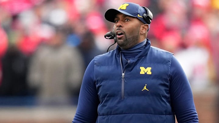 Nov 25, 2023; Ann Arbor, Michigan, USA; Michigan Wolverines interim head coach Sherrone Moore talks