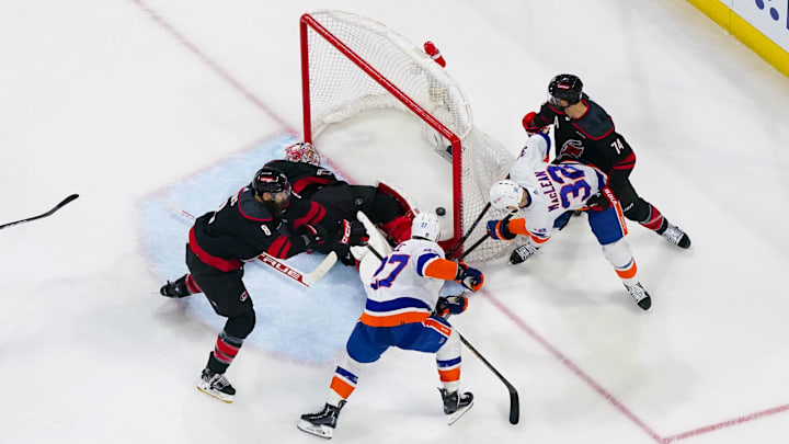 Apr 20, 2024; Raleigh, North Carolina, USA; New York Islanders center Kyle MacLean (32) scores a