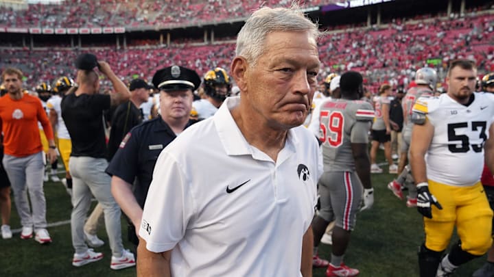 Oct 5, 2024; Columbus, OH, USA; Iowa Hawkeyes head coach Kirk Ferentz walks off the field after losing to Ohio State Buckeyes 35-7 after the NCAA football game at Ohio Stadium.