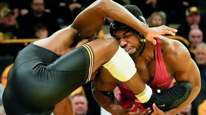 Iowa State’s Paniro Johnson earned a fall as the Cyclones topped West Virginia Wednesday night. Iowa State’s Paniro Johnson earned a fall as the Cyclones topped West Virginia Wednesday night.
