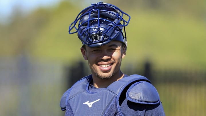 Feb 10, 2026; North Port, FL, USA; Atlanta Braves catcher Drake Baldwin (30) works out during spring training workouts. Mandatory Credit: Kim Klement Neitzel-Imagn Images