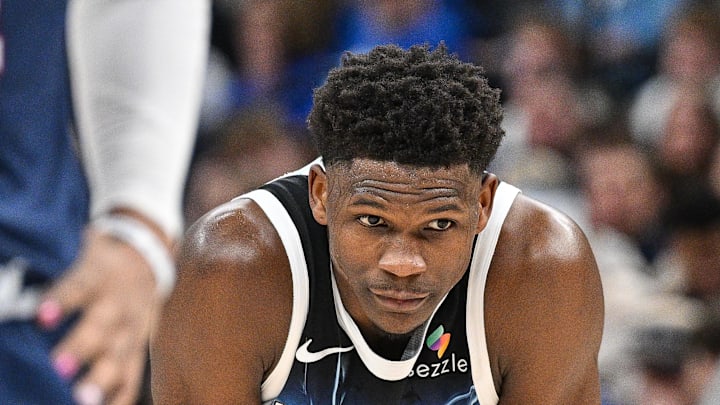 Jan 25, 2025; Minneapolis, Minnesota, USA; Minnesota Timberwolves guard Anthony Edwards (5) looks on during the second quarter against the Denver Nuggets at Target Center. Mandatory Credit: Jeffrey Becker-Imagn Images