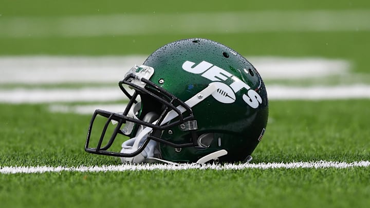 Dec 29, 2019; Orchard Park, New York, USA; General view of a New York Jets helmet prior to the game against the Buffalo Bills at New Era Field. Mandatory Credit: Rich Barnes-Imagn Images