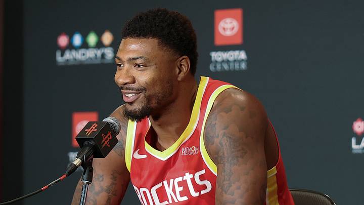 Sep 22, 2026; Houston, TX, USA;  Houston Rockets guard Marcus Smart (36) talks during media day at Hilton Americas hotel. Mandatory Credit: Troy Taormina-Imagn Images