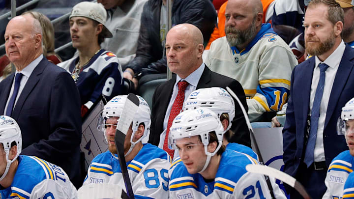 Dec 31, 2025; Denver, Colorado, USA; St. Louis Blues head coach Jim Montgomery in the first period against the Colorado Avalanche at Ball Arena. Mandatory Credit: Isaiah J. Downing-Imagn Images