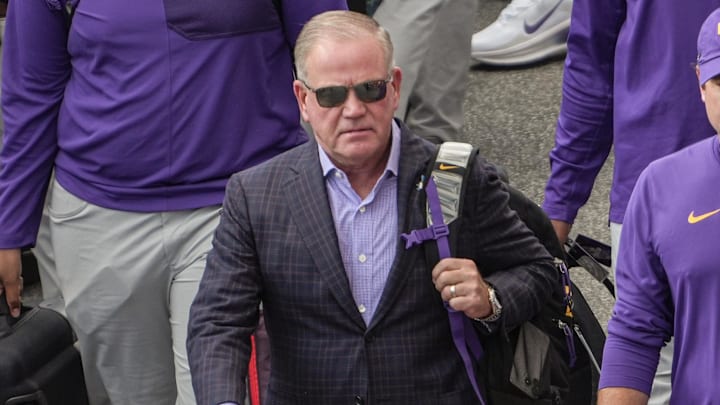 Louisiana State University Head Coach Brian Kelly walks off the bus during Clemson Tiger Walk before kickoff at Memorial Stadium in Clemson, S.C. Saturday, August 30, 2025.