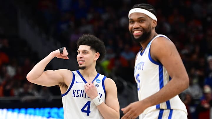 Mar 23, 2025; Milwaukee, WI, USA;  Kentucky Wildcats guard Koby Brea (4) reacts after defeating the Illinois Fighting Illini in the second round of the NCAA Tournament at Fiserv Forum. Mandatory Credit: Benny Sieu-Imagn Images