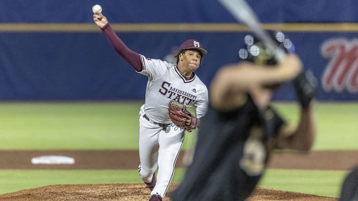 Mississippi State pitcher Jurrangelo Cijntje throws against Vanderbilt during the SEC Baseball Tournament on May 23 at Hoover Metropolitan Stadium. Mississippi State pitcher Jurrangelo Cijntje throws against Vanderbilt during the SEC Baseball Tournament on May 23 at Hoover Metropolitan Stadium.