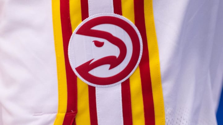 Nov 3, 2024; New Orleans, Louisiana, USA; Detailed view of the Atlanta Hawks logo during warmups before the game against the New Orleans Pelicans at Smoothie King Center. Mandatory Credit: Stephen Lew-Imagn Images Nov 3, 2024; New Orleans, Louisiana, USA; Detailed view of the Atlanta Hawks logo during warmups before the game against the New Orleans Pelicans at Smoothie King Center. Mandatory Credit: Stephen Lew-Imagn Images