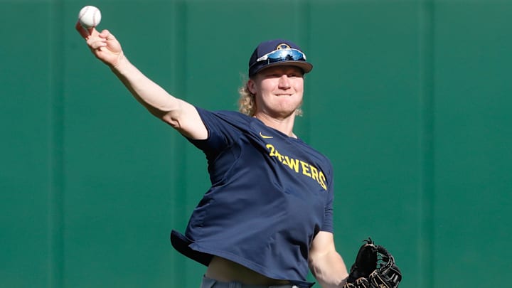 Sep 5, 2023; Pittsburgh, Pennsylvania, USA;  Milwaukee Brewers outfielder Joey Wiemer (28) warms up
