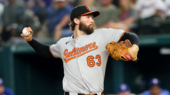Jul 1, 2025; Arlington, Texas, USA;  Baltimore Orioles starting pitcher Brandon Young (63) throws during the first inning against the Texas Rangers at Globe Life Field. 