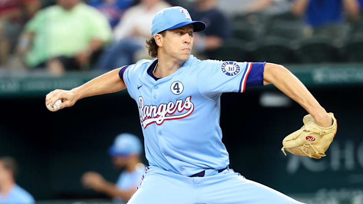 Jun 1, 2025; Arlington, Texas, USA; Texas Rangers starting pitcher Jacob deGrom (48) throws during the first inning against the St. Louis Cardinals at Globe Life Field. 