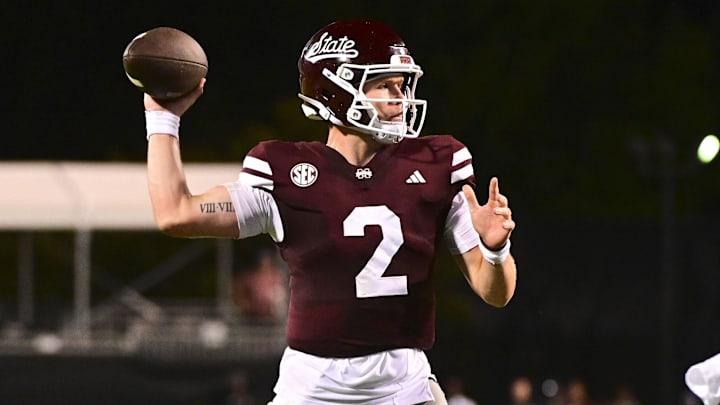 Sep 14, 2024; Starkville, Mississippi, USA; Mississippi State Bulldogs quarterback Blake Shapen (2) makes a pass against the Toledo Rockets during the fourth quarter at Davis Wade Stadium at Scott Field. Mandatory Credit: Matt Bush-Imagn Images