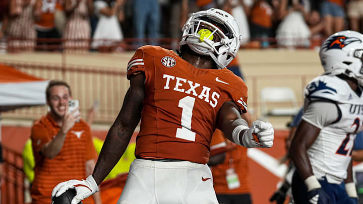 Texas Longhorns receiver Johntay Cook II (1) celebrates a touchdown catch during the game against UTSA at Darrell K Royal-Texas Memorial Stadium in Austin Saturday, Sept. 14, 2024.