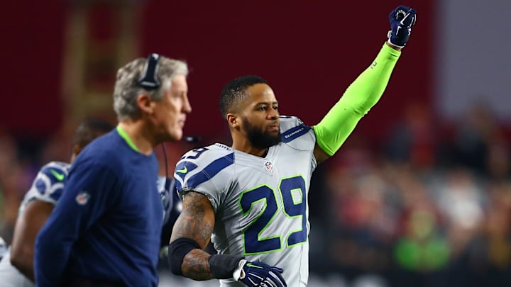Seattle Seahawks safety Earl Thomas reacts alongside head coach Pete Carroll against the Arizona Cardinals.