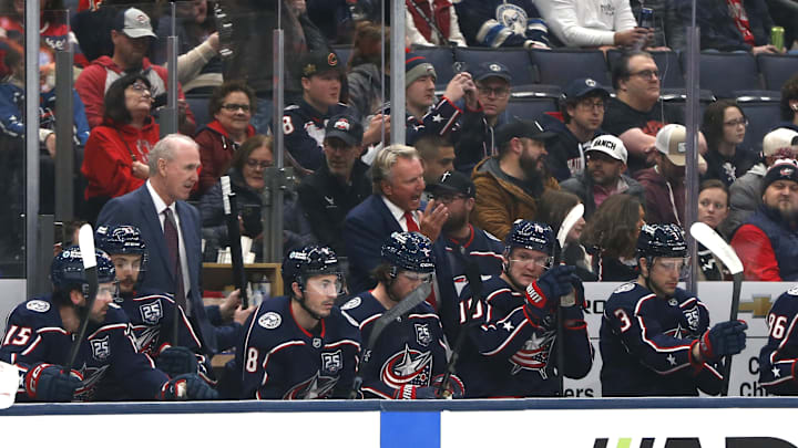 Jan 13, 2026; Columbus, Ohio, USA; Columbus Blue Jackets new head coach Rick Bowness instructs the bench during the first period against the Calgary Flames at Nationwide Arena. Mandatory Credit: Russell LaBounty-Imagn Images