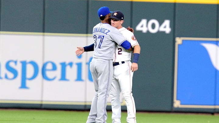 Jun 27, 2018; Houston, TX, USA; Toronto Blue Jays right fielder Teoscar Hernandez (37) embraces Houston Astros third baseman Alex Bregman (2) prior to the game at Minute Maid Park. Mandatory Credit: Erik Williams-Imagn Images