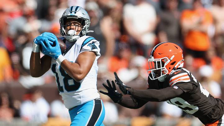 Sep 27, 2026; Cleveland, Ohio, USA; Carolina Panthers wide receiver Jalen Coker (18) makes a catch defended by Cleveland Browns cornerback Mekhi Blackmon (29) during the second quarter at Huntington Bank Field. Mandatory Credit: Scott Galvin-Imagn Images Sep 27, 2026; Cleveland, Ohio, USA; Carolina Panthers wide receiver Jalen Coker (18) makes a catch defended by Cleveland Browns cornerback Mekhi Blackmon (29) during the second quarter at Huntington Bank Field. Mandatory Credit: Scott Galvin-Imagn Images