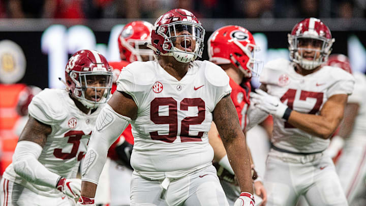 Alabama defensive lineman Quinnen Williams (92) celebrates an Alabama sack during first half action of the SEC Championship Game at Mercedes Benz Stadium in Atlanta, Ga., on Saturday December 1, 2018. 

Sec35