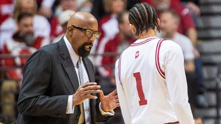 Indiana coach Mike Woodson talks with Myles Rice (1) against Michigan at Simon Skjodt Assembly Hall. Indiana coach Mike Woodson talks with Myles Rice (1) against Michigan at Simon Skjodt Assembly Hall.