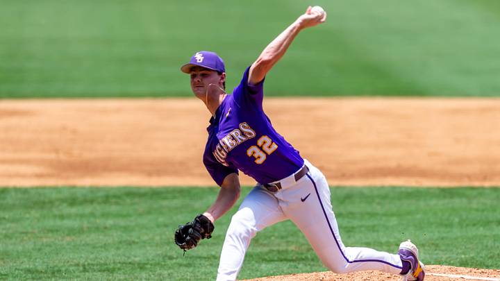 Starting pitcher Kade Anderson 32 on the mound as The LSU Tigers take on the West Virginia Mountaineers in game 1 of the 2025 NCAA Div 1 Super Regional Baseball Championship at Alex Box Stadium in Baton Rouge, LA. Saturday, June 7, 2025. Starting pitcher Kade Anderson 32 on the mound as The LSU Tigers take on the West Virginia Mountaineers in game 1 of the 2025 NCAA Div 1 Super Regional Baseball Championship at Alex Box Stadium in Baton Rouge, LA. Saturday, June 7, 2025.