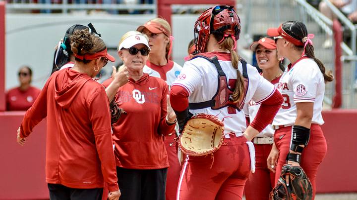Oklahoma coach Patty Gasso talks to her team at a mound visit against Mississippi State. Oklahoma coach Patty Gasso talks to her team at a mound visit against Mississippi State.