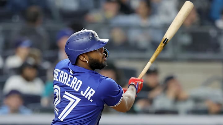 Toronto Blue Jays first baseman Vladimir Guerrero Jr. (27) watches his solo home run against the New York Yankees during the sixth inning at Yankee Stadium on April 25.