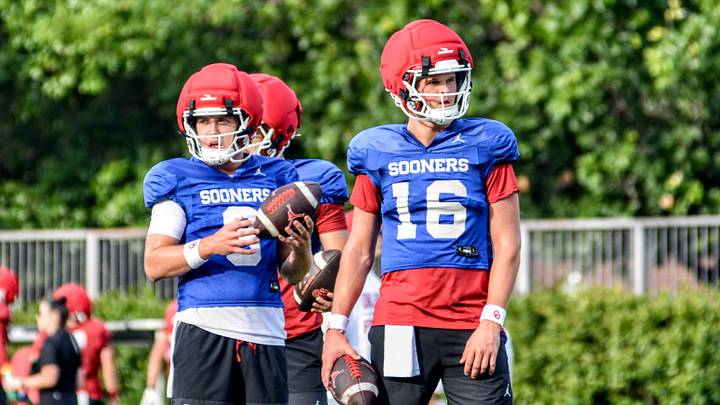Oklahoma quarterbacks Bowe Bentley and Whitt Newbauer practice during fall camp. Oklahoma quarterbacks Bowe Bentley and Whitt Newbauer practice during fall camp.