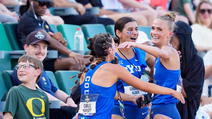 BYU’s Taylor Lovell, right, celebrates with teammates Carmen Alder and Carlee Hansen after winning the women’s 3,000-meter steeplechase during the NCAA Outdoor Track & Field Championships on June 13, 2026, at Hayward Field in Eugene, Oregon. BYU’s Taylor Lovell, right, celebrates with teammates Carmen Alder and Carlee Hansen after winning the women’s 3,000-meter steeplechase during the NCAA Outdoor Track & Field Championships on June 13, 2026, at Hayward Field in Eugene, Oregon.
