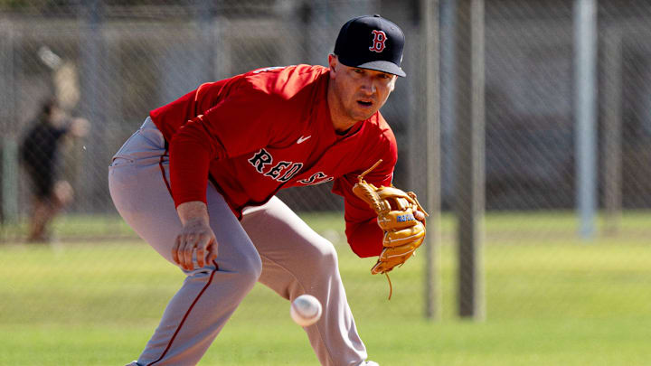 Alex Bregman of the Boston Red Sox participates in drills at JetBlue Park at Fenway South on Monday, Feb. 17, 2025.