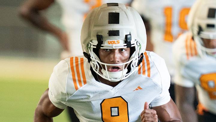 Tennessee wide receiver Joakim Dodson (9) during Tennessee football preseason practice in Knoxville, Tennessee, Aug. 14, 2026. Tennessee wide receiver Joakim Dodson (9) during Tennessee football preseason practice in Knoxville, Tennessee, Aug. 14, 2026.