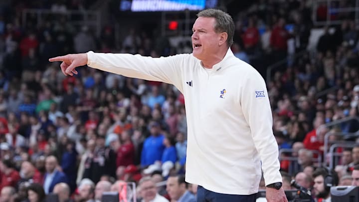 Mar 20, 2025; Providence, RI, USA;  Kansas Jayhawks head coach Bill Self reacts during the second half against the Arkansas Razorbacks at Amica Mutual Pavilion. Mandatory Credit: Gregory Fisher-Imagn Images