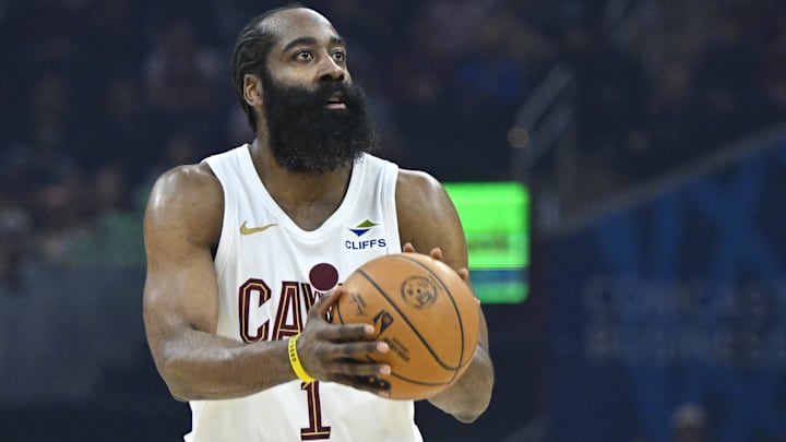 Apr 8, 2026; Cleveland, Ohio, USA; Cleveland Cavaliers guard James Harden (1) looks to shoot in the third quarter against the Atlanta Hawks at Rocket Arena. Mandatory Credit: David Richard-Imagn Images