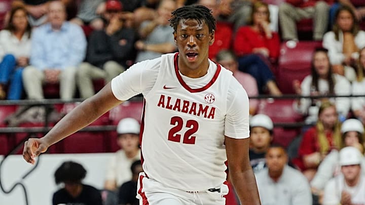 Nov 4, 2024; Tuscaloosa, Alabama, USA; Alabama forward Aiden Sherrell (22) bring the ball up court against UNC Asheville at Coleman Coliseum.