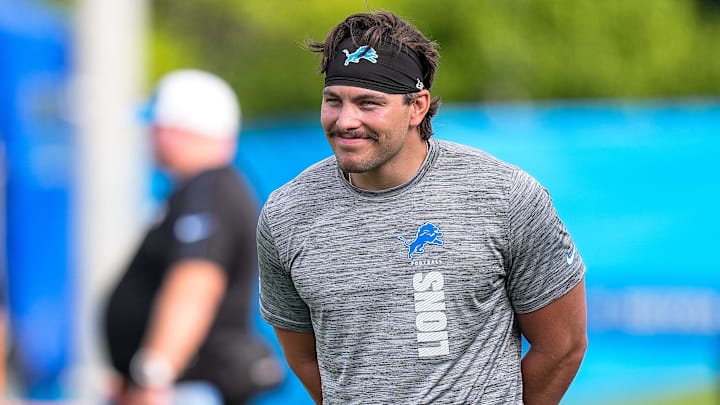 Detroit Lions linebacker Malcolm Rodriguez (44) watches practice during training camp at Meijer Performance Center in Allen Park on Sunday, July 20, 2025.