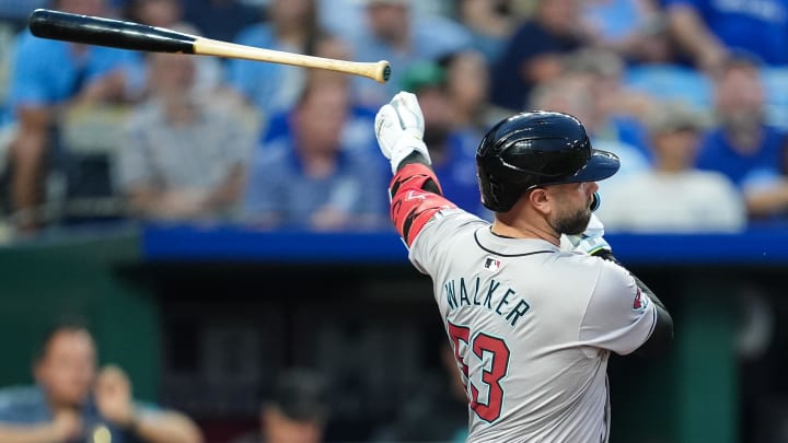Jul 23, 2024; Kansas City, Missouri, USA; Arizona Diamondbacks first baseman Christian Walker (53) loses his bat while swinging during the fifth inning against the Kansas City Royals at Kauffman Stadium. Mandatory Credit: Jay Biggerstaff-USA TODAY Sports