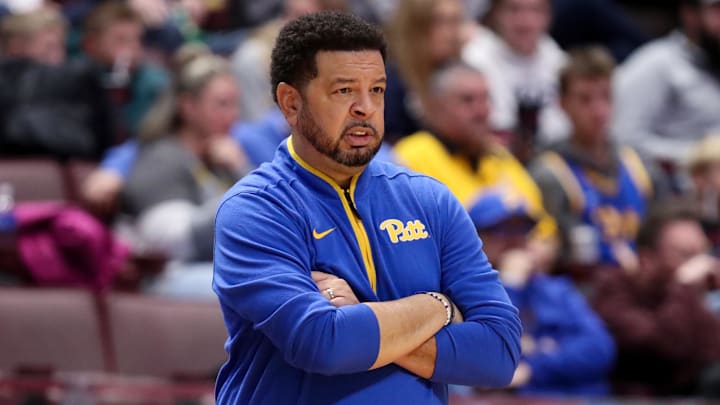 Dec 21, 2025; Hershey, Pennsylvania, USA; Pittsburgh Panthers head coach Jeff Capel looks on from the bench during the second half against the Penn State Nittany Lions at Giant Center. Mandatory Credit: Matthew O'Haren-Imagn Images