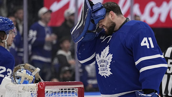 Toronto Maple Leafs goaltender Anthony Stolarz grimaces after a collision with Florida Panthers forward Sam Bennett Toronto Maple Leafs goaltender Anthony Stolarz grimaces after a collision with Florida Panthers forward Sam Bennett