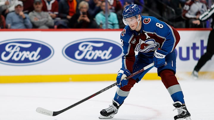Dec 22, 2024; Denver, Colorado, USA; Colorado Avalanche defenseman Cale Makar (8) controls the puck in the second period against the Seattle Kraken at Ball Arena. Mandatory Credit: Isaiah J. Downing-Imagn Images Dec 22, 2024; Denver, Colorado, USA; Colorado Avalanche defenseman Cale Makar (8) controls the puck in the second period against the Seattle Kraken at Ball Arena. Mandatory Credit: Isaiah J. Downing-Imagn Images