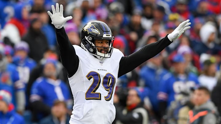 Dec 8, 2019; Orchard Park, NY, USA; Baltimore Ravens free safety Earl Thomas (29) reacts to a defensive play against the Buffalo Bills during the second quarter at New Era Field. Mandatory Credit: Rich Barnes-Imagn Images