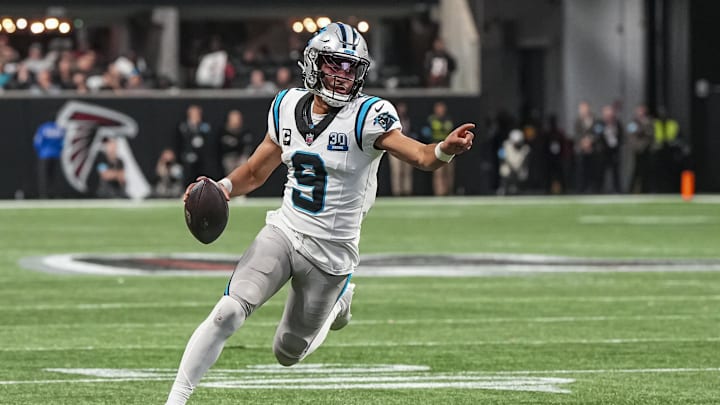 Carolina Panthers quarterback Bryce Young runs for a touchdown against the Atlanta Falcons.