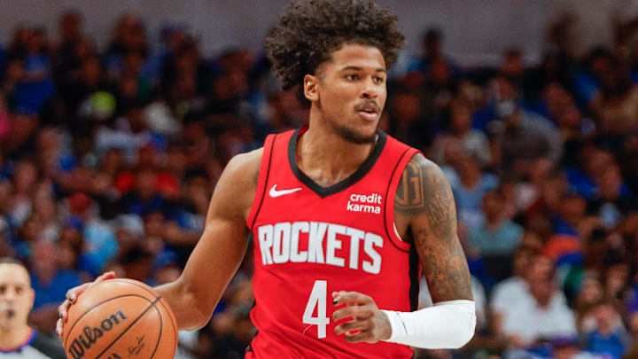 Apr 7, 2024; Dallas, Texas, USA; Houston Rockets guard Jalen Green (4) brings the ball up the court during the third quarter against the Dallas Mavericks at American Airlines Center. Mandatory Credit: Andrew Dieb-Imagn Images Apr 7, 2024; Dallas, Texas, USA; Houston Rockets guard Jalen Green (4) brings the ball up the court during the third quarter against the Dallas Mavericks at American Airlines Center. Mandatory Credit: Andrew Dieb-Imagn Images