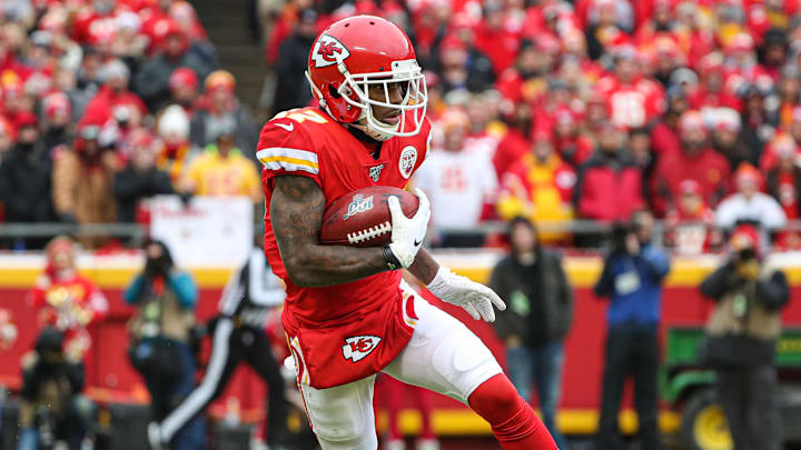 Jan 12, 2020; Kansas City, Missouri, USA; Kansas City Chiefs wide receiver Mecole Hardman  (17) returns a kickoff against the Houston Texans in AFC Divisional Round