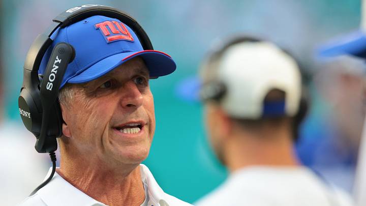 Aug 22, 2026; Miami Gardens, Florida, USA; New York Giants head coach John Harbaugh reacts from the sideline against the Miami Dolphins during the second half at Hard Rock Stadium. Aug 22, 2026; Miami Gardens, Florida, USA; New York Giants head coach John Harbaugh reacts from the sideline against the Miami Dolphins during the second half at Hard Rock Stadium.