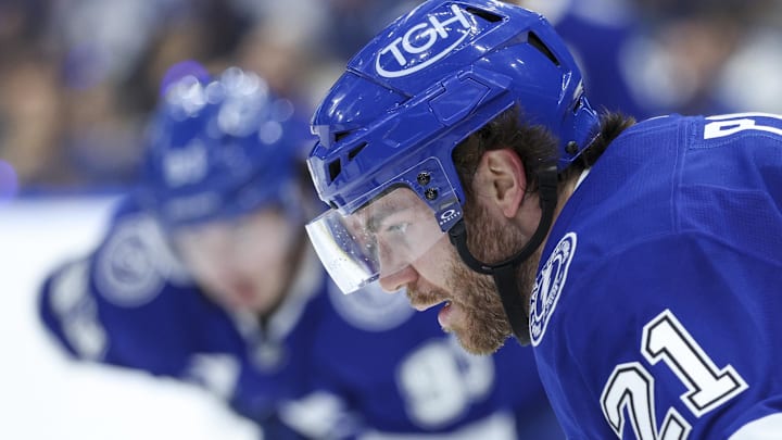 Apr 21, 2026; Tampa, Florida, USA; Tampa Bay Lightning center Brayden Point (21) looks on before a puck drop against the Montreal Canadiens in the second period during game two of the first round of the 2026 Stanley Cup Playoffs at Benchmark International Arena. Mandatory Credit: Nathan Ray Seebeck-Imagn Images