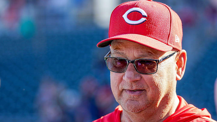 Cincinnati Reds manager Terry Francona (77) addresses media at the Conclusion of a Cactus League game against the Cleveland Guardians, Saturday, Feb. 21, 2026, at Goodyear Ballpark in Goodyear, Ariz. Guardians won 2-4.