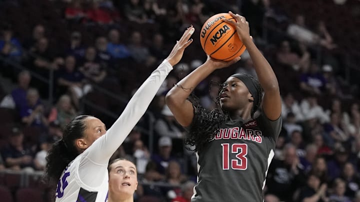 March 10, 2025; Las Vegas, NV, USA; Washington State Cougars forward Dayana Mendes (13) shoots the basketball against Portland Pilots forward Alexis Mark (35) during the second half in the semifinal of the West Coast Conference tournament at Orleans Arena. Mandatory Credit: Kyle Terada-Imagn Images