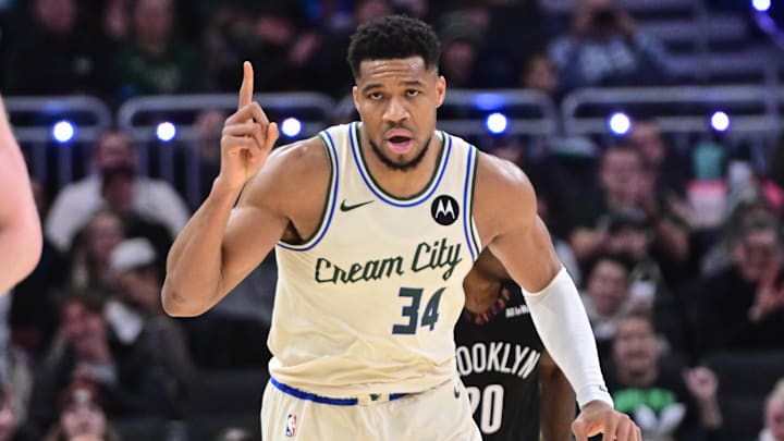 Nov 29, 2025; Milwaukee, Wisconsin, USA; Milwaukee Bucks forward Giannis Antetokounmpo (34): Benny Sieu-Imagn Images